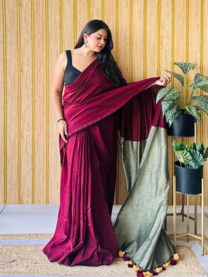 ANOUK Solid/Plain Saree with Attached Blouse Cotton Blend Saree(Maroon)