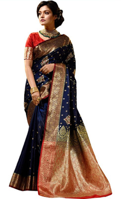 HouseOfCommon Embroidered Banarasi Satin Saree(Dark Blue)