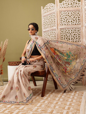 SILK ZONE Printed Chanderi Cotton Blend Saree(Beige)