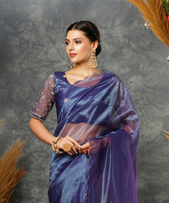 Samah Embroidered, Solid/Plain Bollywood Net Saree(Dark Blue)