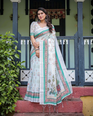 DEEP PRINTS Digital Print Daily Wear Cotton Linen Saree(Multicolor)