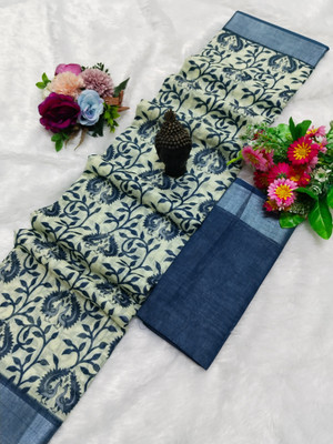 MAANVIT Printed Bollywood Linen, Cotton Linen Saree(Blue, Cream)