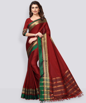 Soor Panchi Solid/Plain Bollywood Cotton Silk Saree(Red)