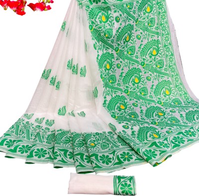 tapovan fashion Embellished, Floral Print, Self Design, Woven Jamdani Cotton Silk Saree(Light Green)