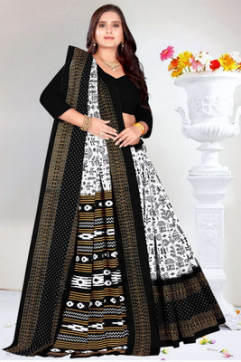 kalyani nx Printed Sambalpuri Pure Cotton Saree(Black, White)