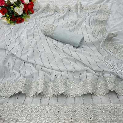 Lighthouse Solid/Plain Bollywood Lycra Blend Saree(White)