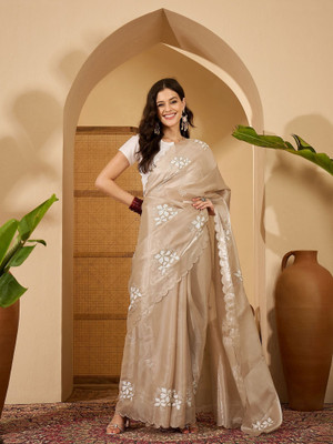FABMORA Embellished, Embroidered Bollywood Chiffon Saree(Beige)