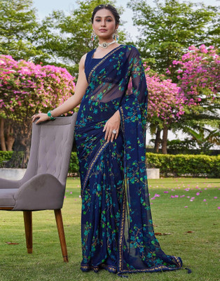 Samah Printed Daily Wear Georgette, Chiffon Saree(Blue)