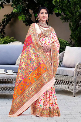 Wovenza Self Design, Woven Bollywood Cotton Blend, Semi-Pashmina Saree(Cream)