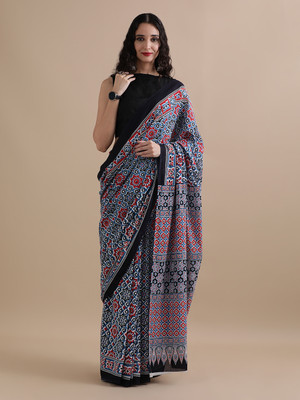 Jaipur Kurti Printed Daily Wear Pure Cotton Saree(Dark Blue)