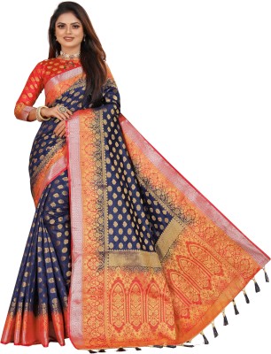 INDI FASHION Woven Banarasi Cotton Silk Saree(Dark Blue)