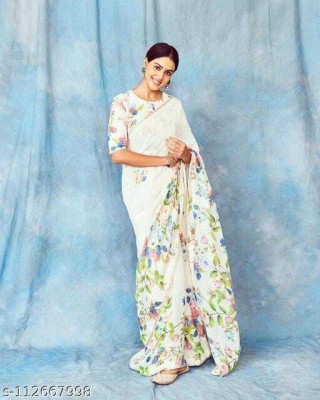 Gajal Self Design Bollywood Linen Saree(White)