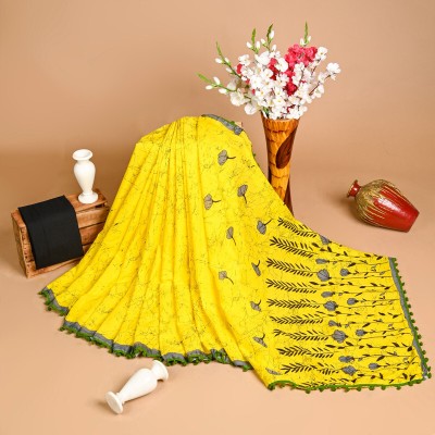 SHIVANYA HANDICRAFTS Printed, Color Block, Blocked Printed Daily Wear Pure Cotton Saree(Yellow)