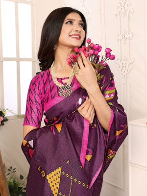 YASHIKA Printed Assam Silk Art Silk Saree(Purple)