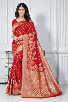 fFASHION Embellished, Solid/Plain, Striped, Temple Border, Floral Print, Dyed, Woven Banarasi Art Silk, Cotton Silk Saree(Red)