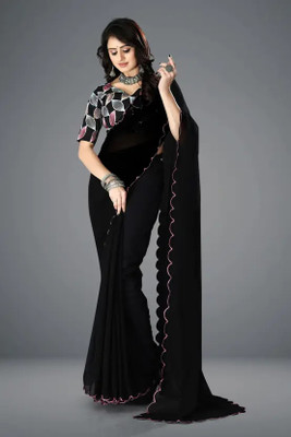 R J FEBRICS Embroidered Bollywood Georgette Saree(Black)