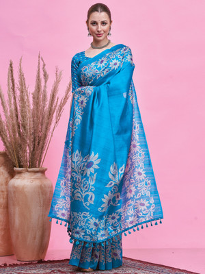 Sareemall Printed Maheshwari Cotton Blend Saree(Light Blue)