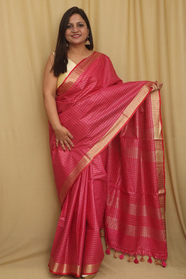 Hatha Karagha Checkered Bhagalpuri Handloom Cotton Linen Saree(Pink)