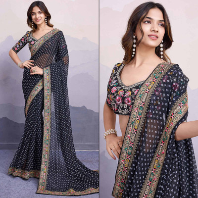 R K ENTERPRISE Self Design Bandhani Georgette Saree(Black)