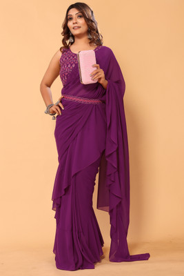 PATLANI STYLE Solid/Plain Pre Draped Saree Georgette Saree(Purple)