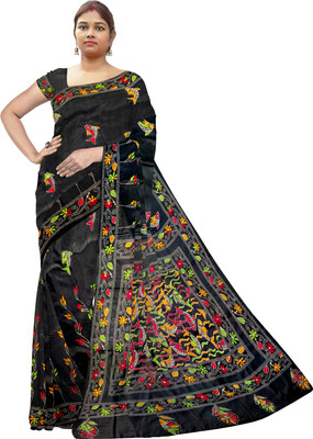 SHRISTI CLOTHINGS Embroidered Kantha Silk Blend Saree(Black)