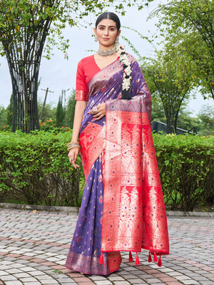 kevami fashion Self Design Kanjivaram Art Silk Saree(Dark Blue)