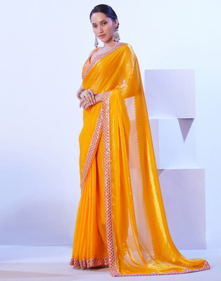 Satrani Embellished, Solid/Plain, Self Design Bollywood Jimmy choo, Tissue Saree(Yellow)