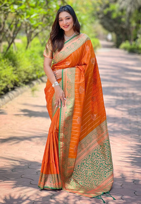 Nayanthara Trends Woven Banarasi Silk Blend Saree(Orange)