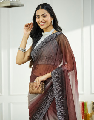 Satrani Embellished, Ombre, Dyed Bollywood Net Saree(Maroon, Grey)