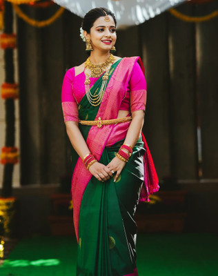 SIRIL Woven Kanjivaram Jacquard, Silk Blend Saree(Dark Green, Pink)