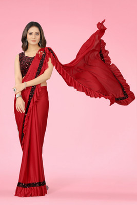 HouseOfCommon Embellished, Solid/Plain Bollywood Lycra Blend Saree(Red)