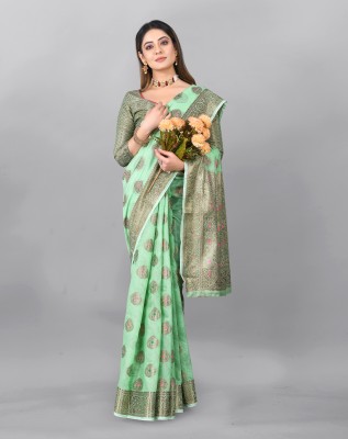 SWDHRM Printed, Self Design, Woven, Floral Print Banarasi Jacquard, Cotton Silk Saree(Green)