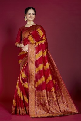 Navanari Embellished, Self Design, Floral Print, Woven, Applique Bollywood Organza Saree(Red, Yellow)