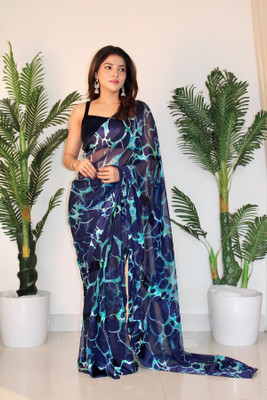 THEOMDESIGNER Printed Bollywood Georgette Saree(Light Blue)