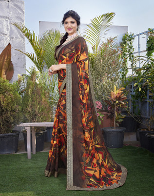 YASHIKA Printed Daily Wear Georgette, Lace Saree(Brown, Orange)