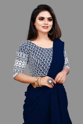 GRIFEZ Solid/Plain Bollywood Georgette Saree(Dark Blue)