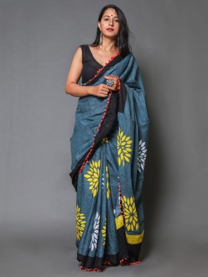 BUTA BUTI Floral Print Daily Wear Cotton Blend Saree(Blue)