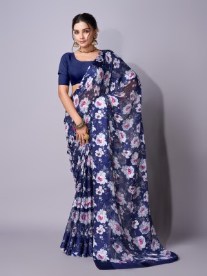 Sita Printed Bollywood Georgette Saree(White, Dark Blue)