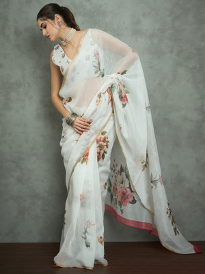 Divastri Printed Hand Batik Cotton Blend Saree(White)