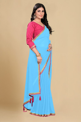 KRONISFASHION Self Design Assam Silk Georgette Saree(Blue)