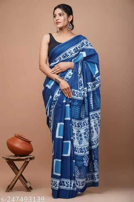 NaiNath Fab Printed Daily Wear Cotton Blend Saree(Light Blue)