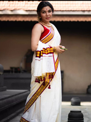 DIYASCREATIONS Solid/Plain Kasavu Handloom Pure Cotton Saree(White)