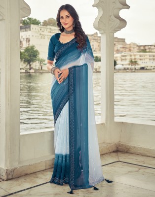 Satrani Dyed, Embellished, Striped Bollywood Chiffon, Georgette Saree(Blue, Light Blue)