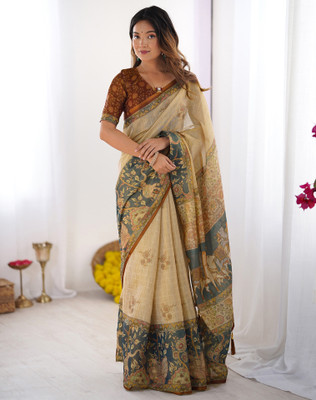 Tasrika Floral Print, Woven, Embellished Kalamkari Linen Saree(Grey, Beige)