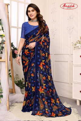 Anand Sarees Printed, Paisley, Floral Print Bollywood Georgette Saree(Dark Blue)