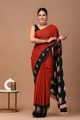 Tetarwal Printed Daily Wear Pure Cotton Saree(Red, Black)