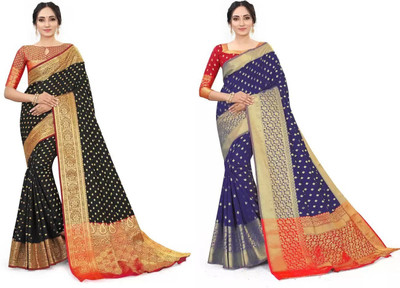 rujave Woven Kanjivaram Silk Blend Saree(Pack of 2, Multicolor)