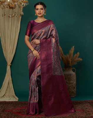 Divastri Woven, Embellished Kanjivaram Silk Blend, Jacquard Saree(Grey, Gold, Purple)