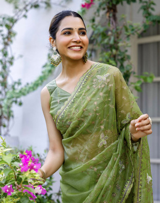 Satrani Embroidered Bollywood Net Saree(Green)