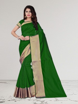 Vishnu Creations Printed Chanderi Cotton Blend Saree(Dark Green, Beige)